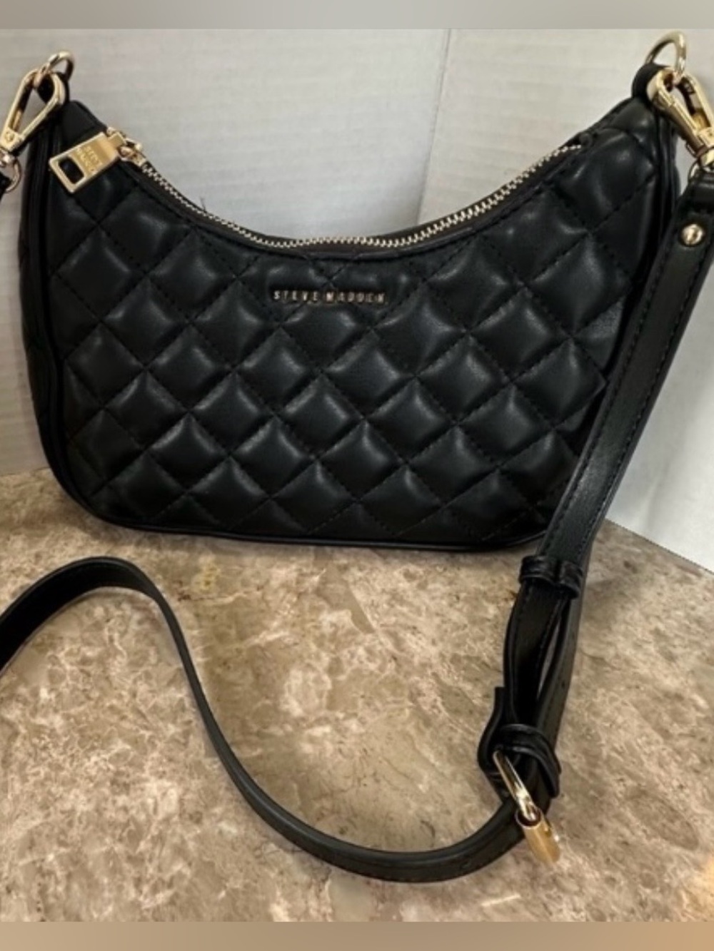 Steve Madden Black Quilted Crescent Shoulder Bag with Gold Hardware Classic Chic